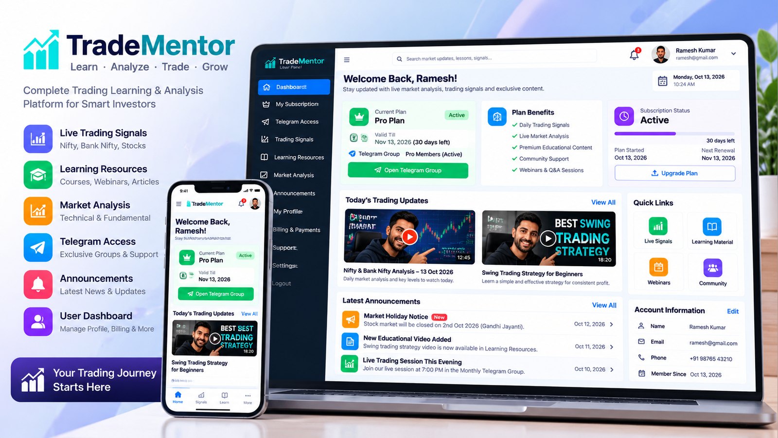 TradeMentor member panel on desktop and mobile